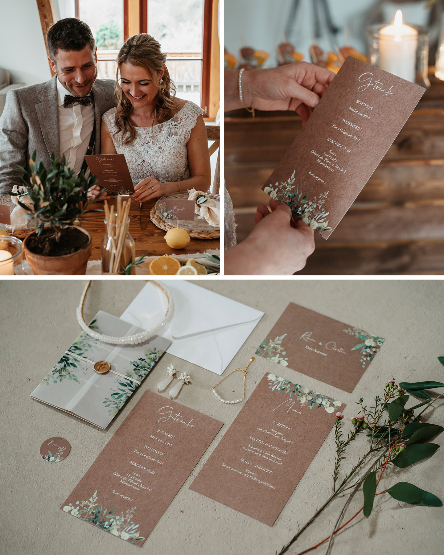 Die gesamte Hochzeitspapeterie, von Menükarte über Hochzeitseinladung bin hin zu den Antwortkarten ist im rustikalen Stil gehalten. Olivenzweige, Schleierkraut und Eukalyptus zieren das Design.