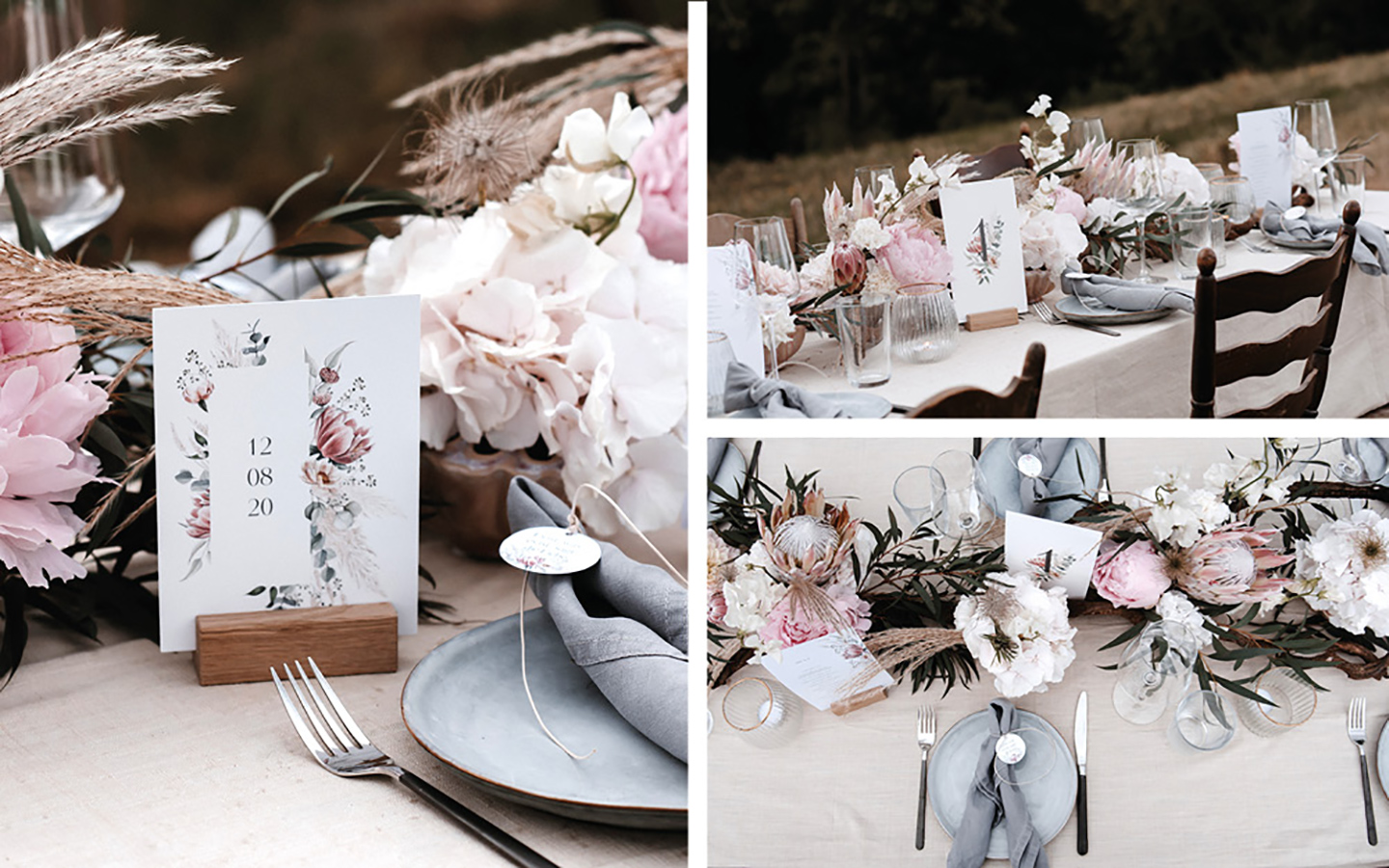 Tischdeko Hochzeit: Pastellfarben in rosa, beide und creme tauchen auf der Hochzeitstafel auf sowie in den darauf geschmückten Blumengestecken. Das Geschirr ist hellblau und das Besteck Silber.