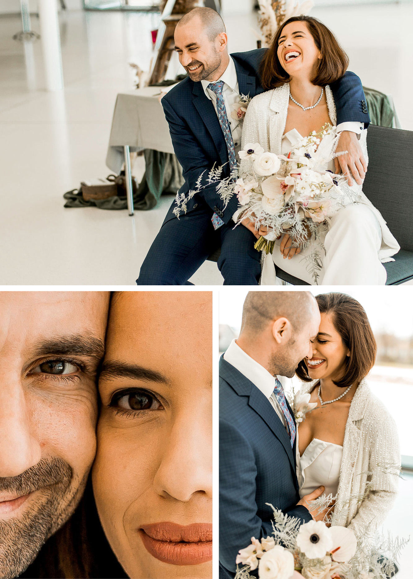 Hochzeitspaar sitzt zusammen, Collage mit unterschiedlichen Perspektinve