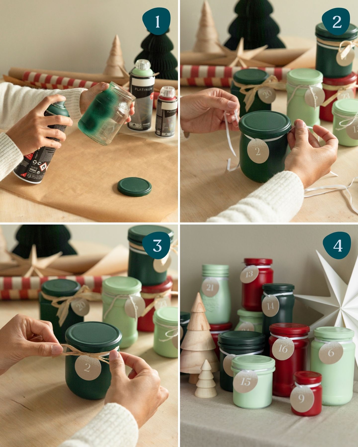24 alte Gläser wurden mit grüner und roter Farbe besprüht und als Adventskalender aufgestellt.
