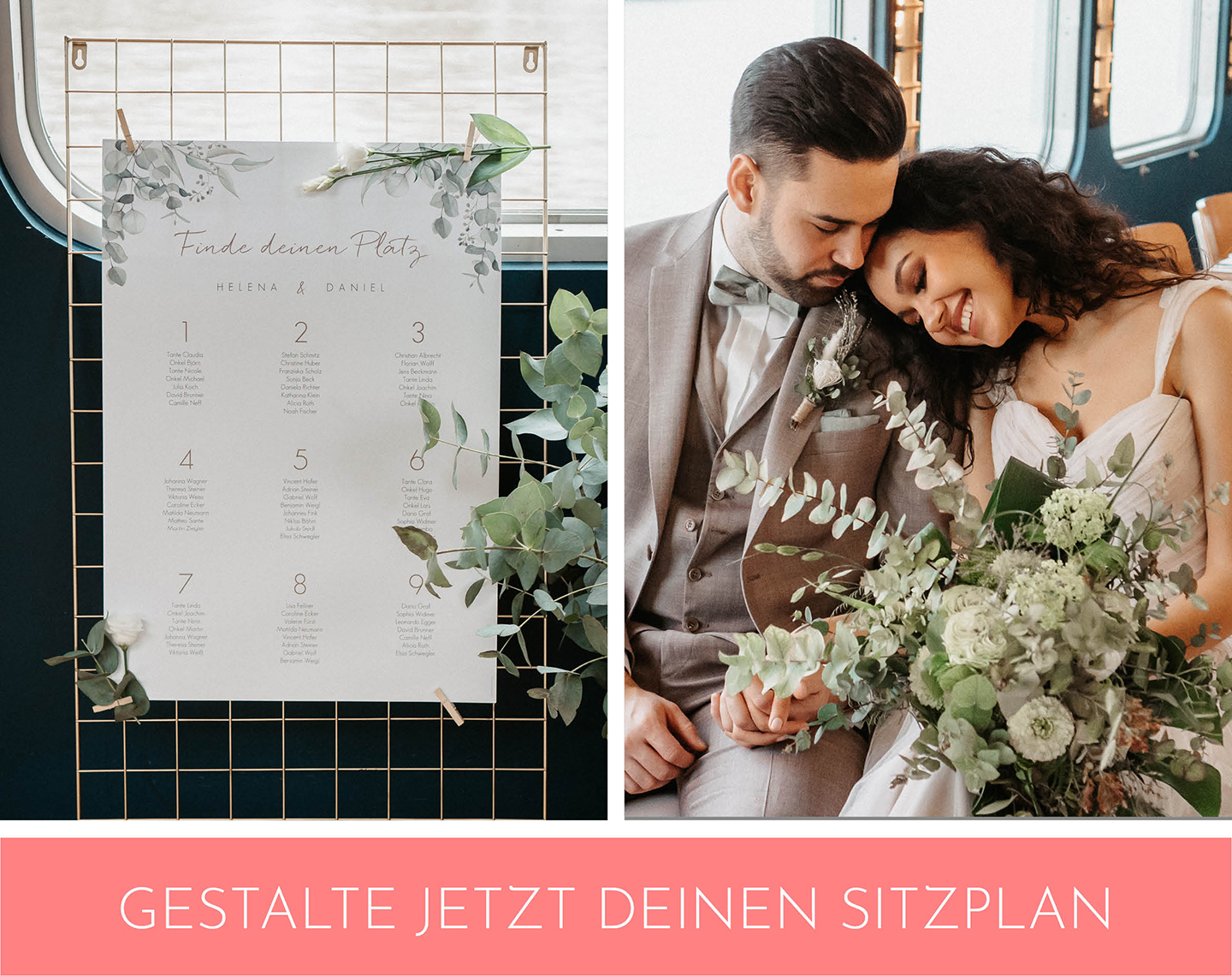 Aufgestellter Sitzplan in der Hochzeitslocation.