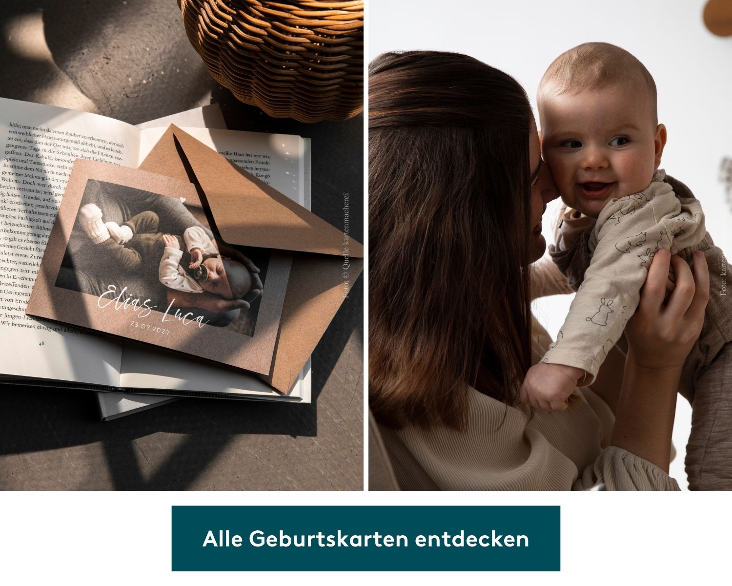 Collage: Geburtskarten und Mutter mit Baby