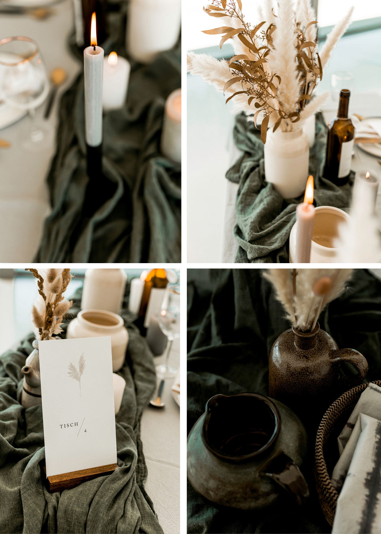 Tischdekoration aus beige und grauen Leinen, Mitteltischdecke in olive grün, auf dem Tisch stehen Kerzen, Tongefäße und Pampasgra.