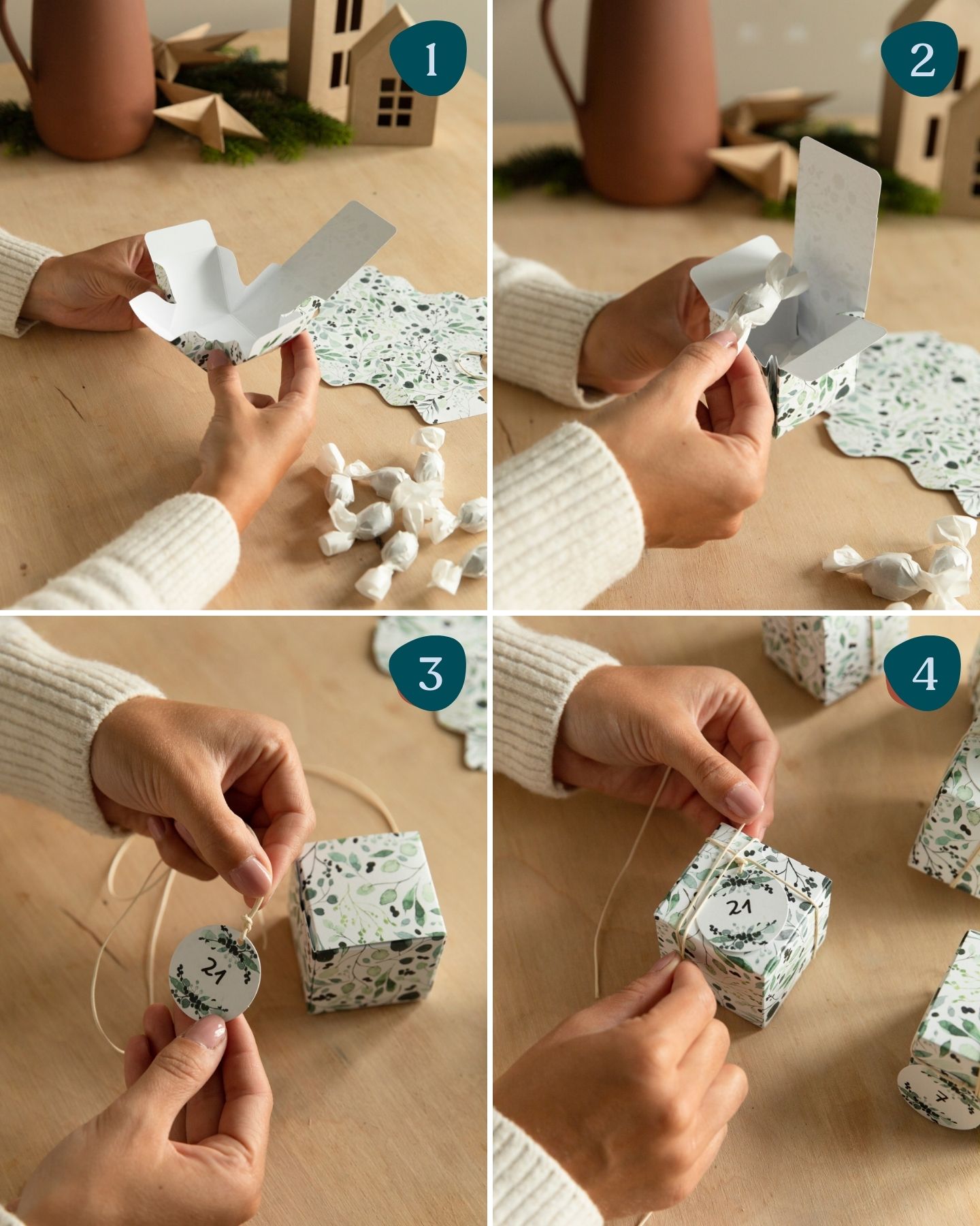 Papierboxen mit grünen Illustrationen werden zusammengefaltet und mit Süßigkeiten befüllt.
