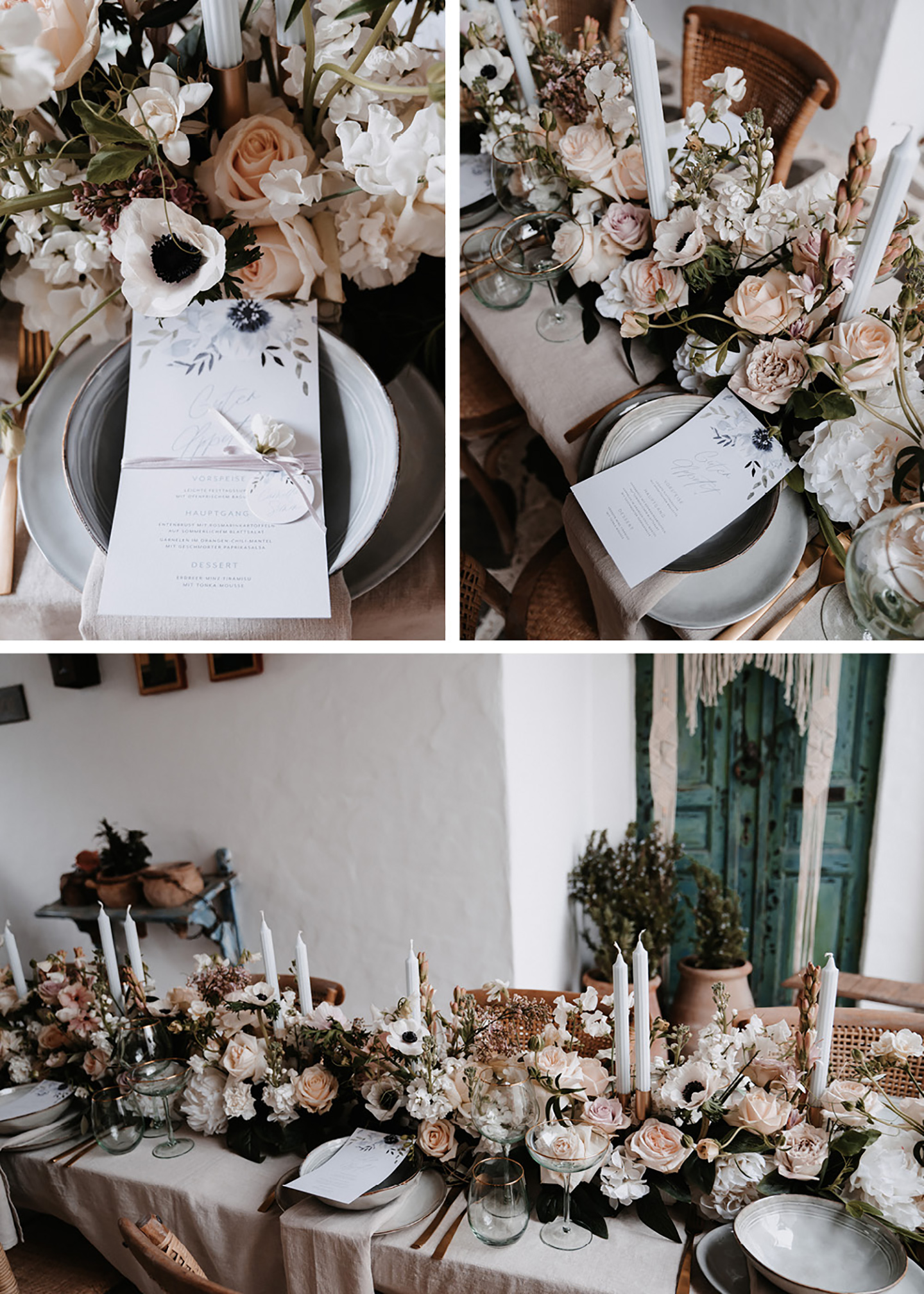 Die Hochzeitspapeterie wurde auf den Tellern der Gäste platziert. Ein eigenes Menü ist auf jedem Platz zu finden. Die geschmückten Blumen runden das Bild ab.