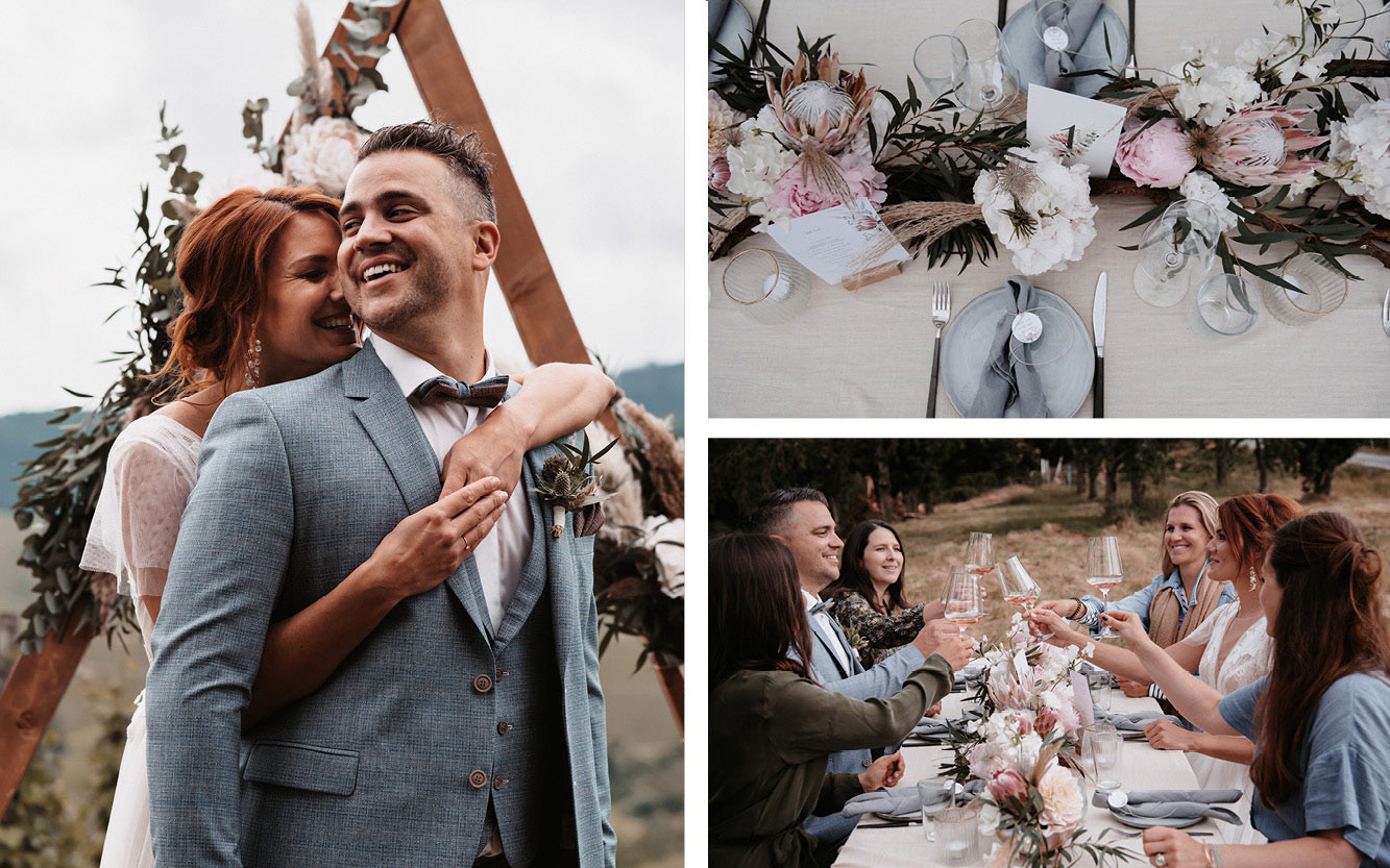 Kleine Hochzeit auf dem Weinberg in Hügeln, Hochzeitsgesellschaft und Brautpaar