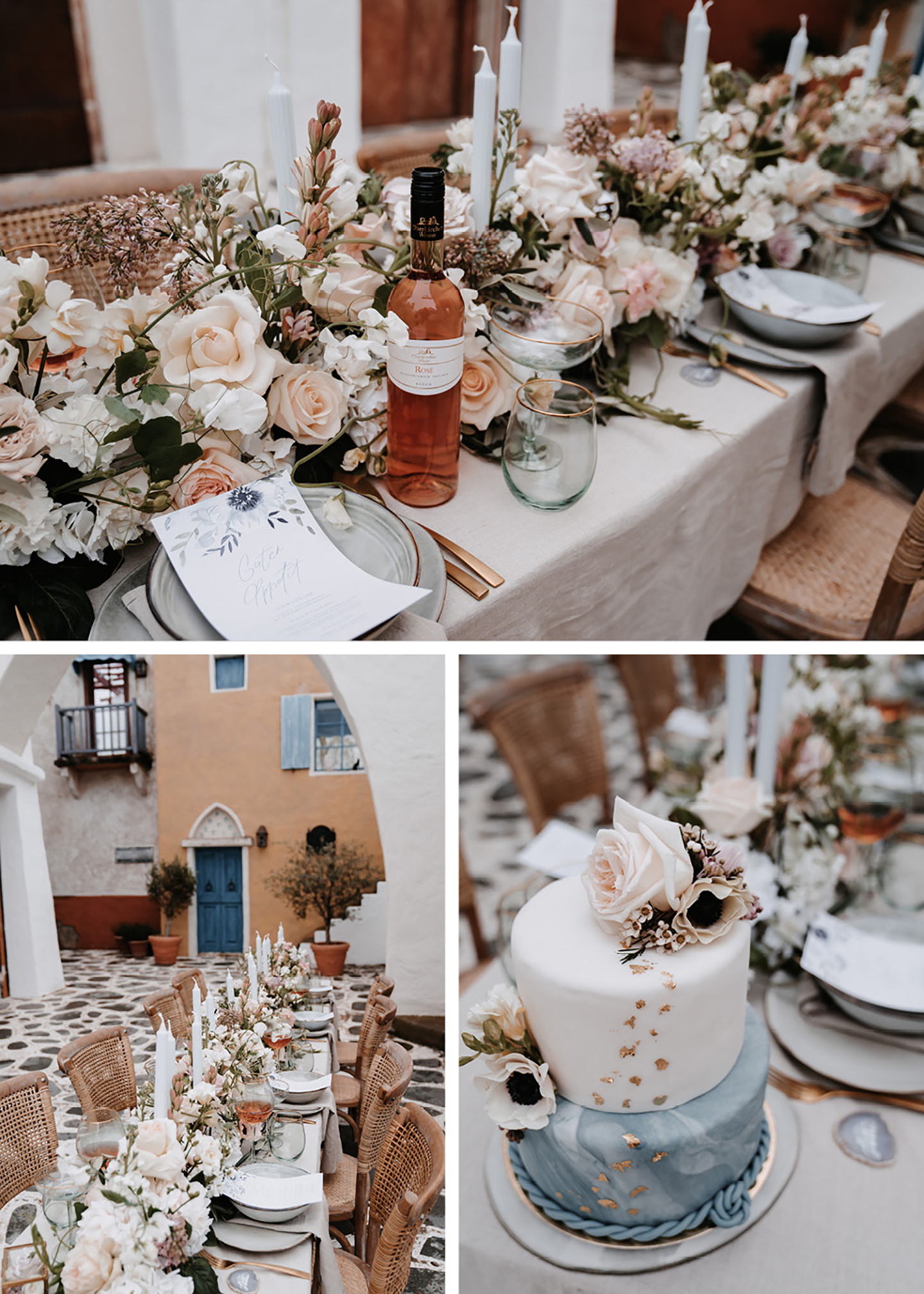 Der gedeckte Hochzeitstisch mit angerichteten Plätzen aus hellblauen Keramiktellern und Besteck in Rosegold wurde mit einem meer aus Blumen verschiedenster Art geschmückt und passt perfekt zur mediterranen Hochzeit..