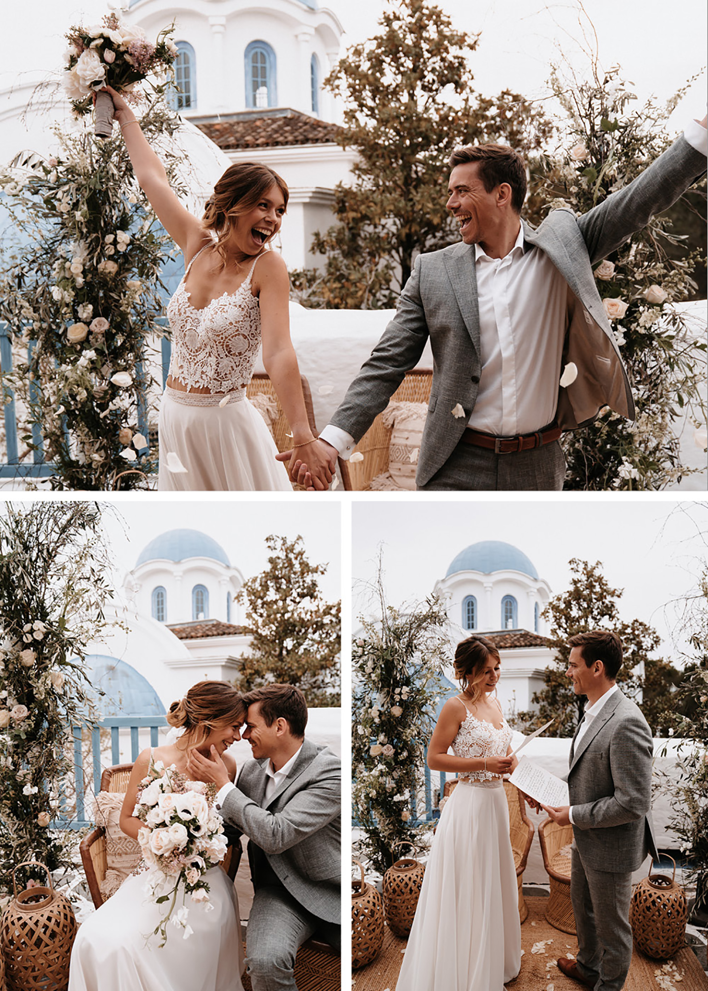 Das Hochzeitspaar feiert die Trauungzu zweit vor einer griechischen Kapelle mit blauem Dach, die perfekt zur mediterranen Hochzeit passen.