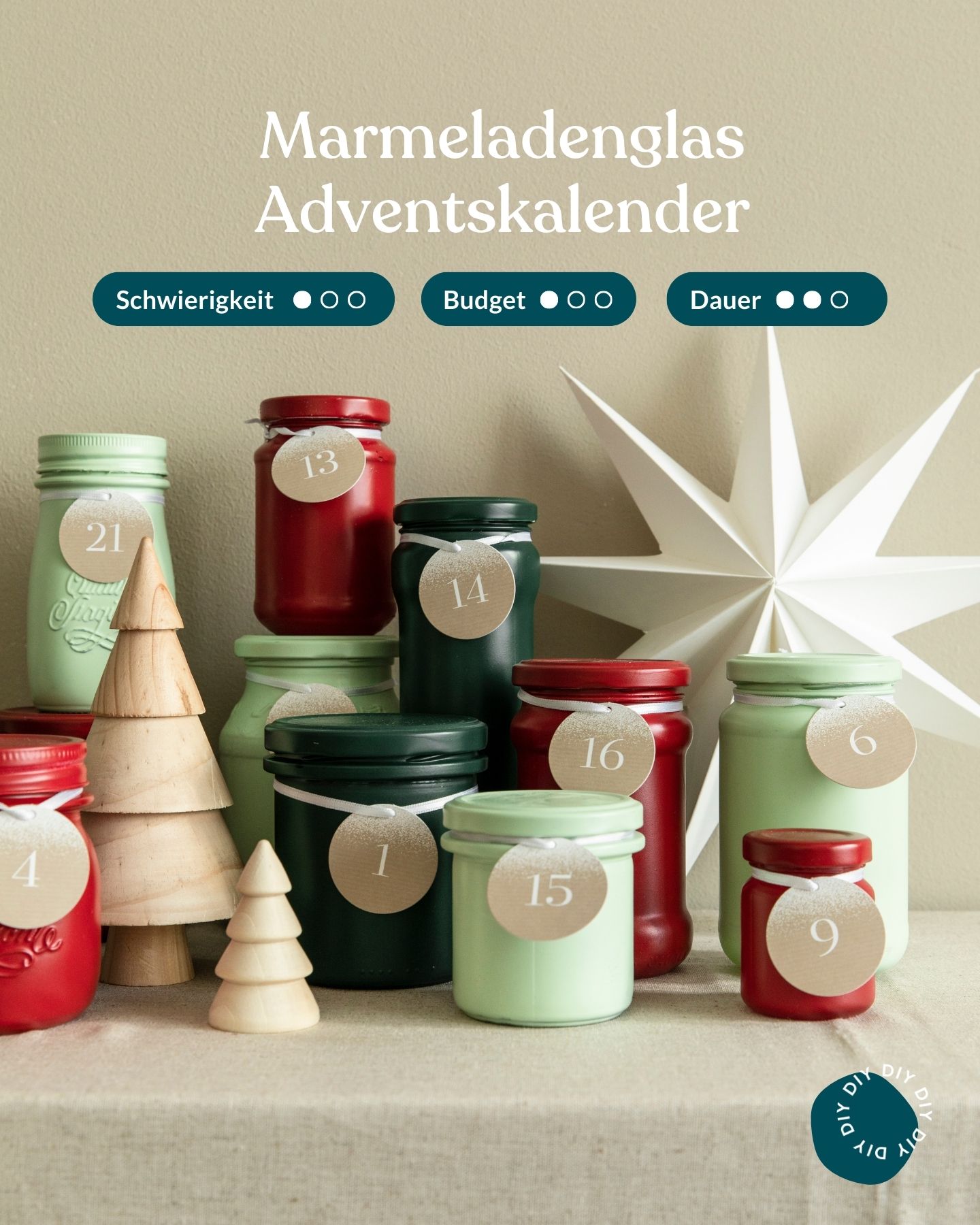 Adventskalender selber basteln aus alten Gläsern und Sprühfarbe.