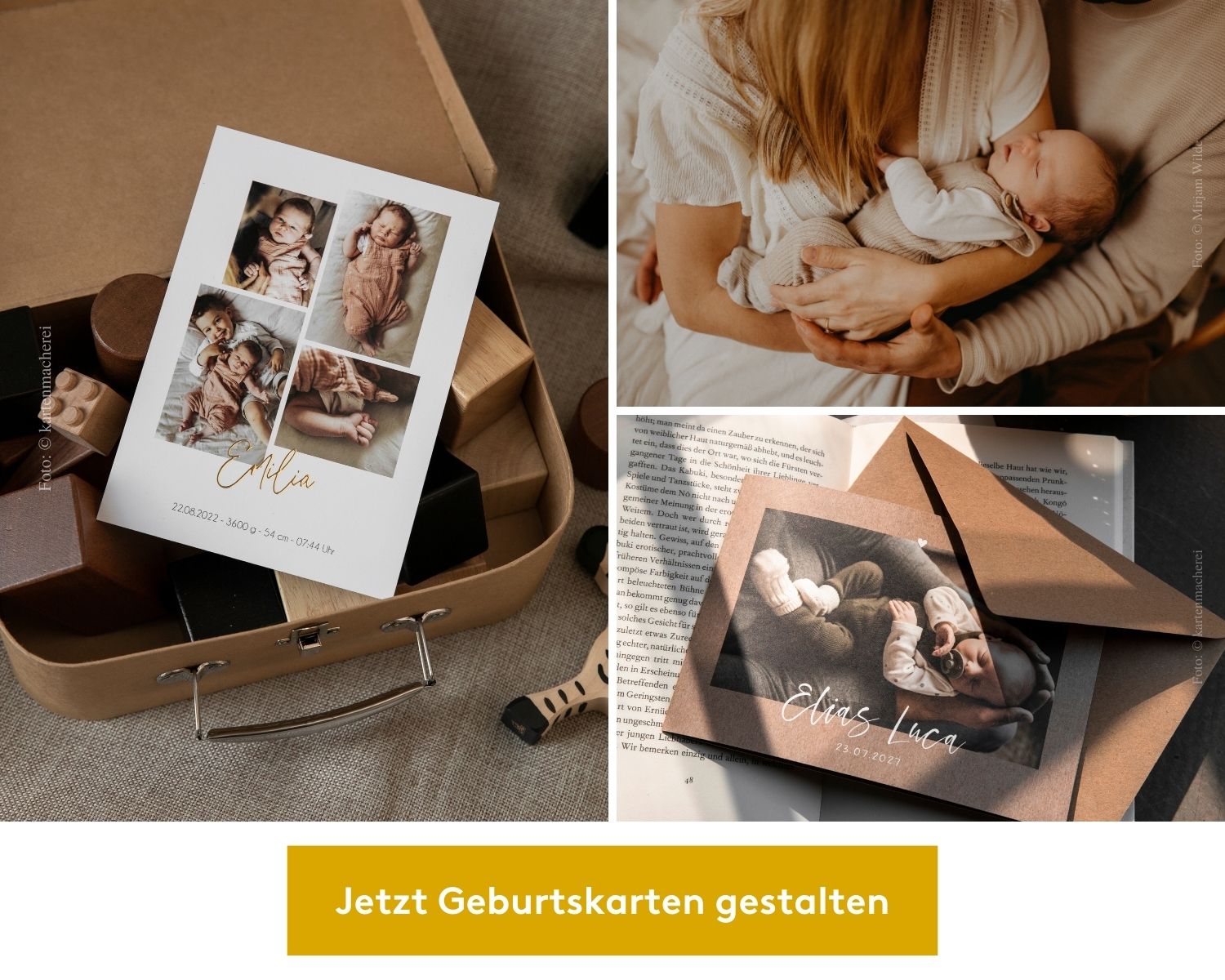 Collage: Familie mit Baby. Geburtskarten