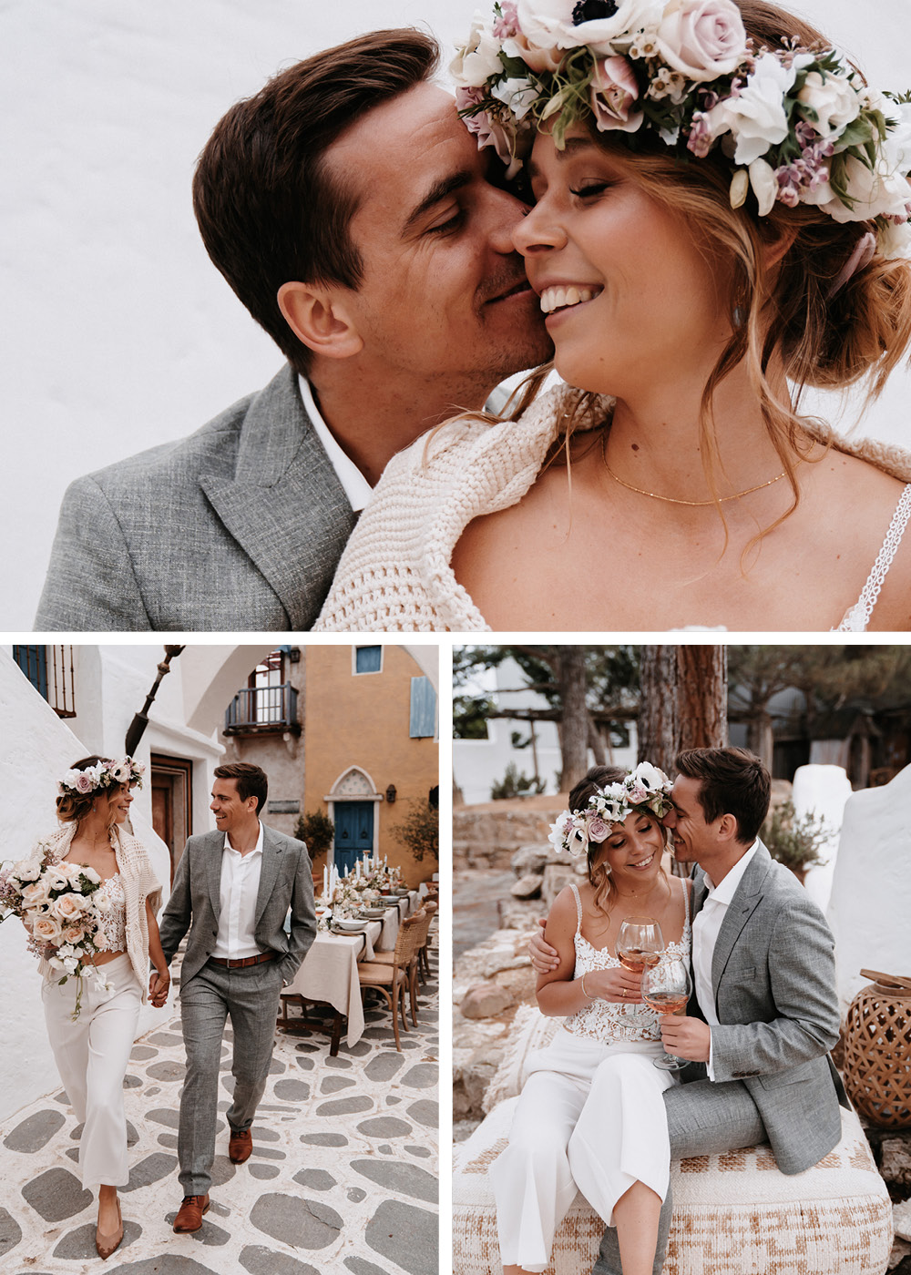 Die Braut und der Bräutigam feiern verliebt ihren großen Tag. Auf dieser Collage trägt sie kein Hochzeitskleid sondern eine Hose mit passendem Spitzenoberteil und dazu einen Blumenkranz auf dem Kopf.