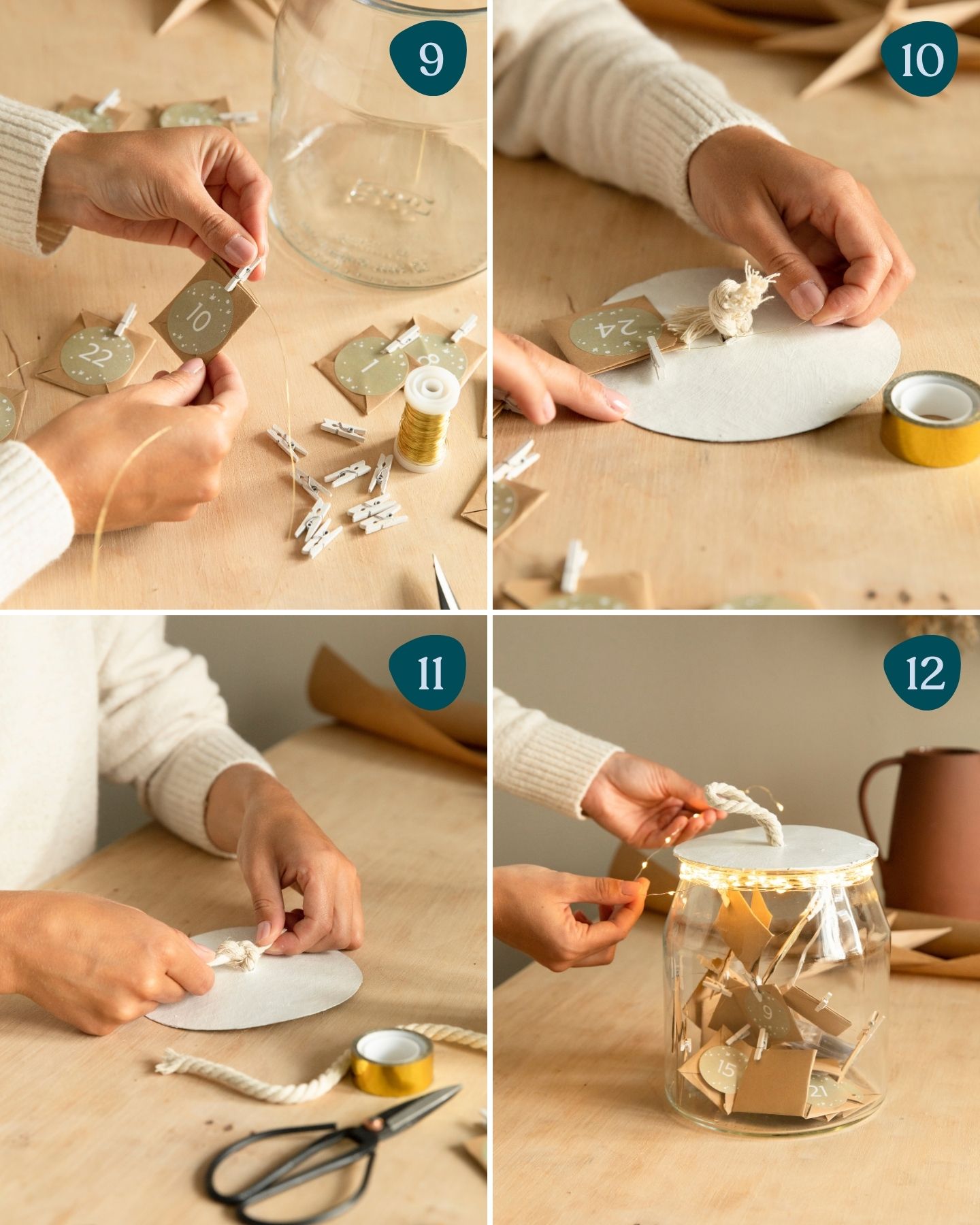 Eine große Vase ist mit kleinen Umschlägen mit Gutscheinen gefüllt als selbst gebastelter Adventskalender.