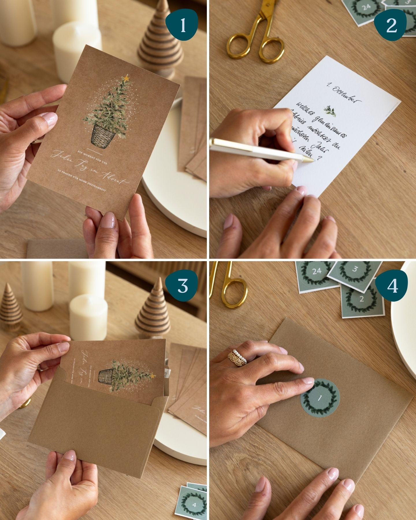 Materialien für Paar-Adventskalender liegen auf einem Tisch