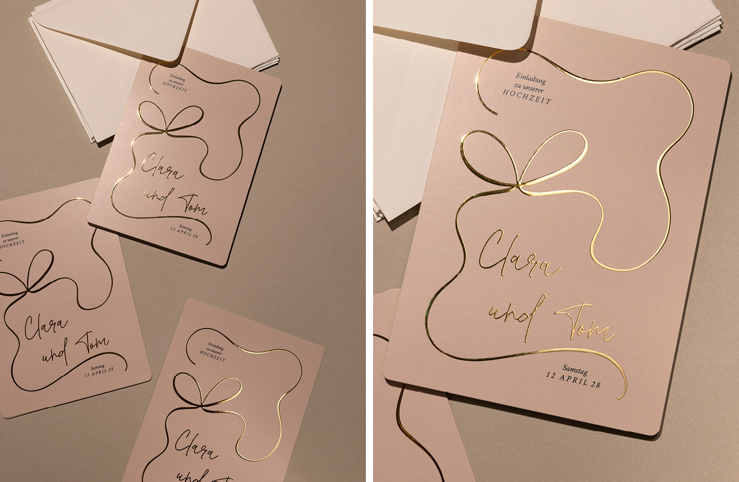 Hochzeitseinladung Mocha Mousse mit goldfolienveredeltem Schleifenmotiv
